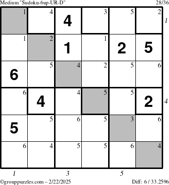 The grouppuzzles.com Medium Sudoku-6up-UR-D puzzle for Saturday February 22, 2025 with all 6 steps marked