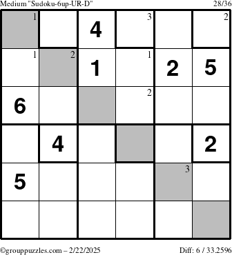 The grouppuzzles.com Medium Sudoku-6up-UR-D puzzle for Saturday February 22, 2025 with the first 3 steps marked