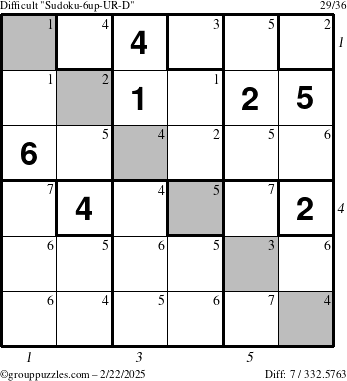 The grouppuzzles.com Difficult Sudoku-6up-UR-D puzzle for Saturday February 22, 2025 with all 7 steps marked