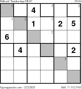 The grouppuzzles.com Difficult Sudoku-6up-UR-D puzzle for Saturday February 22, 2025 with the first 3 steps marked