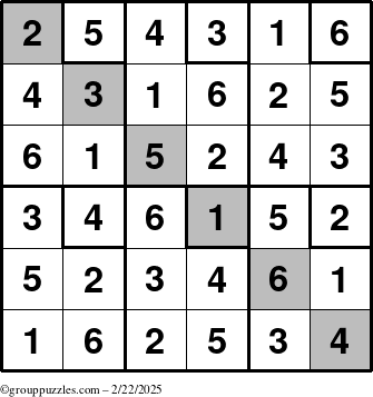 The grouppuzzles.com Answer grid for the Sudoku-6up-UR-D puzzle for Saturday February 22, 2025