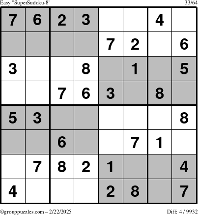 The grouppuzzles.com Easy SuperSudoku-8 puzzle for Saturday February 22, 2025