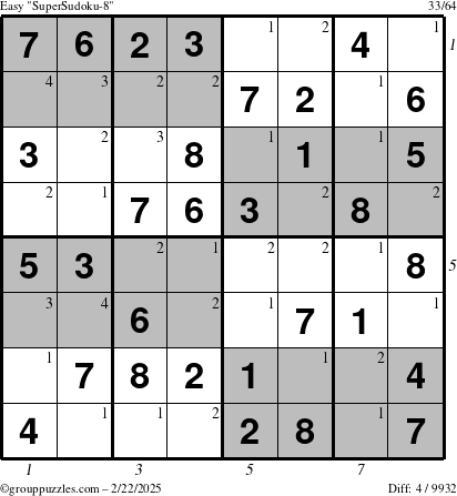 The grouppuzzles.com Easy SuperSudoku-8 puzzle for Saturday February 22, 2025 with all 4 steps marked