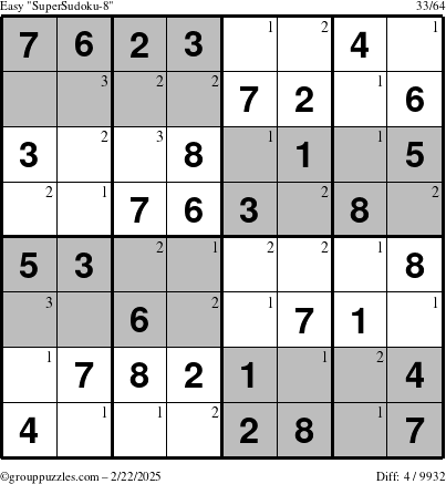 The grouppuzzles.com Easy SuperSudoku-8 puzzle for Saturday February 22, 2025 with the first 3 steps marked