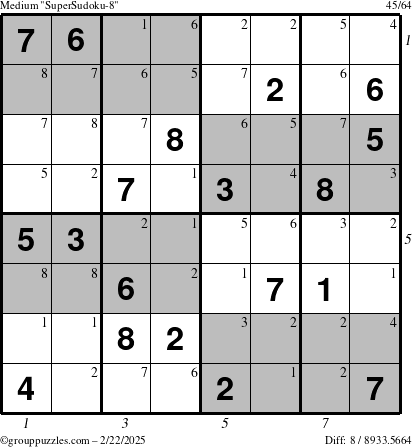 The grouppuzzles.com Medium SuperSudoku-8 puzzle for Saturday February 22, 2025, suitable for printing, with all 8 steps marked