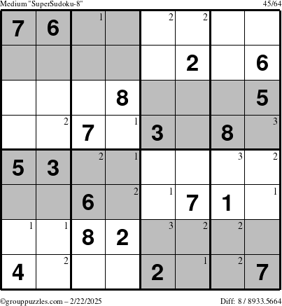 The grouppuzzles.com Medium SuperSudoku-8 puzzle for Saturday February 22, 2025 with the first 3 steps marked