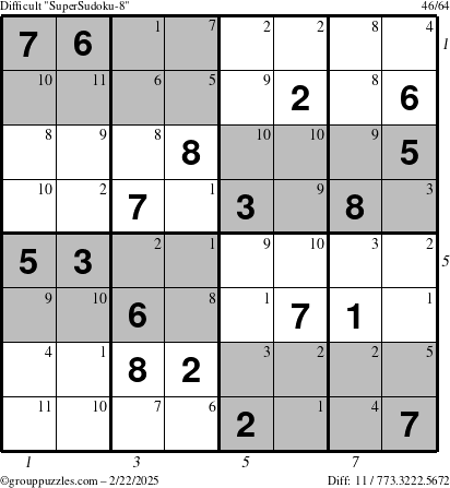 The grouppuzzles.com Difficult SuperSudoku-8 puzzle for Saturday February 22, 2025 with all 11 steps marked