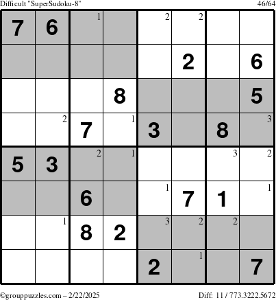 The grouppuzzles.com Difficult SuperSudoku-8 puzzle for Saturday February 22, 2025 with the first 3 steps marked