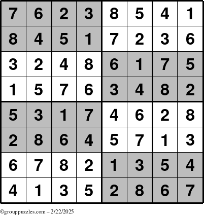 The grouppuzzles.com Answer grid for the SuperSudoku-8 puzzle for Saturday February 22, 2025