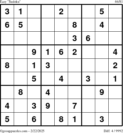 The grouppuzzles.com Easy Sudoku puzzle for Saturday February 22, 2025