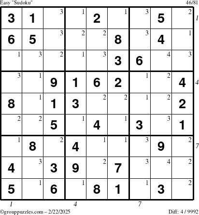 The grouppuzzles.com Easy Sudoku puzzle for Saturday February 22, 2025 with all 4 steps marked