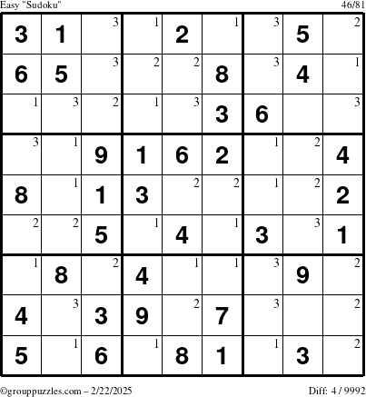 The grouppuzzles.com Easy Sudoku puzzle for Saturday February 22, 2025 with the first 3 steps marked