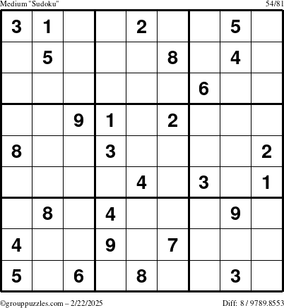 The grouppuzzles.com Medium Sudoku puzzle for Saturday February 22, 2025