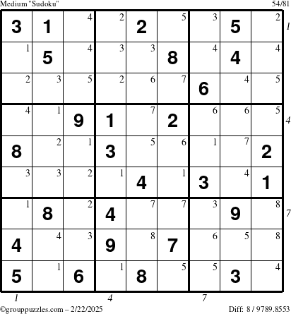 The grouppuzzles.com Medium Sudoku puzzle for Saturday February 22, 2025 with all 8 steps marked