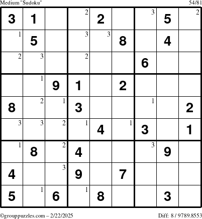 The grouppuzzles.com Medium Sudoku puzzle for Saturday February 22, 2025 with the first 3 steps marked