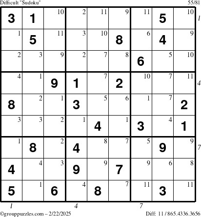 The grouppuzzles.com Difficult Sudoku puzzle for Saturday February 22, 2025 with all 11 steps marked