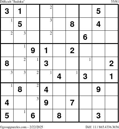 The grouppuzzles.com Difficult Sudoku puzzle for Saturday February 22, 2025 with the first 3 steps marked