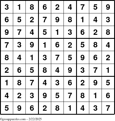 The grouppuzzles.com Answer grid for the Sudoku puzzle for Saturday February 22, 2025