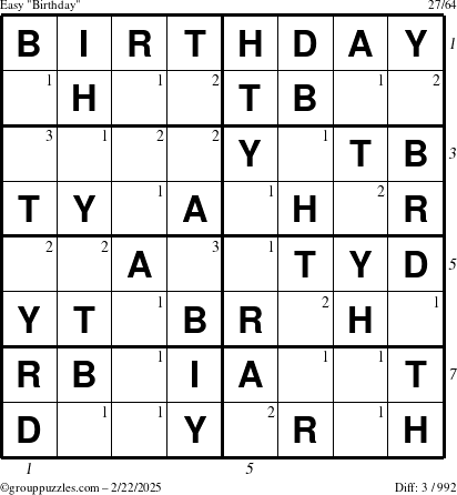 The grouppuzzles.com Easy Birthday puzzle for Saturday February 22, 2025 with all 3 steps marked