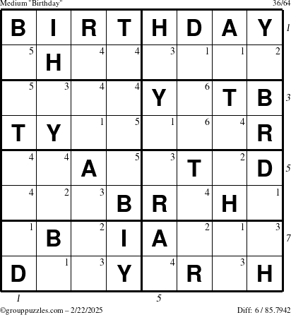 The grouppuzzles.com Medium Birthday puzzle for Saturday February 22, 2025 with all 6 steps marked