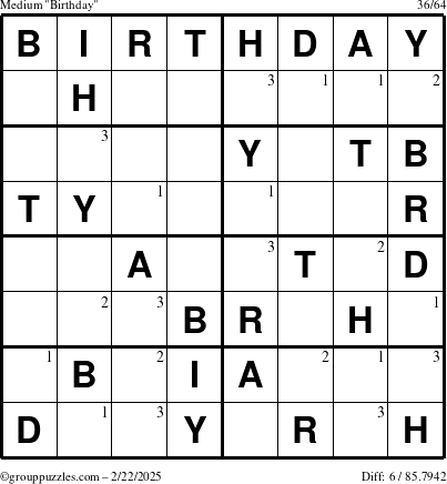 The grouppuzzles.com Medium Birthday puzzle for Saturday February 22, 2025 with the first 3 steps marked