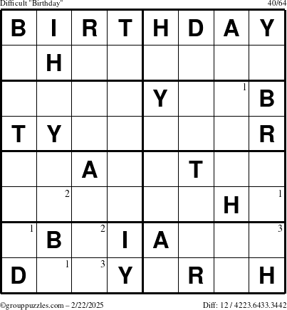 The grouppuzzles.com Difficult Birthday puzzle for Saturday February 22, 2025 with the first 3 steps marked