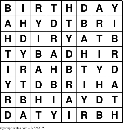 The grouppuzzles.com Answer grid for the Birthday puzzle for Saturday February 22, 2025