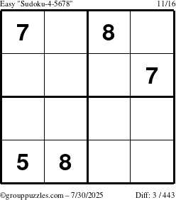 The grouppuzzles.com Easy Sudoku-4-5678 puzzle for Wednesday July 30, 2025