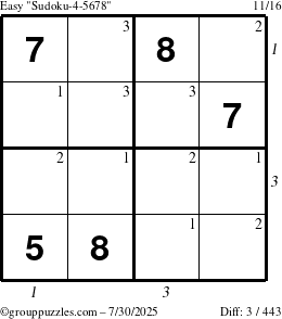 The grouppuzzles.com Easy Sudoku-4-5678 puzzle for Wednesday July 30, 2025 with all 3 steps marked