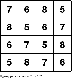 The grouppuzzles.com Answer grid for the Sudoku-4-5678 puzzle for Wednesday July 30, 2025
