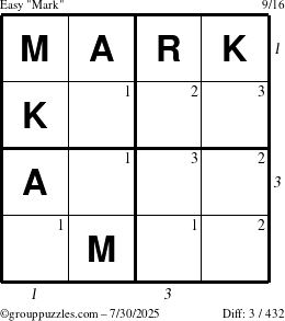 The grouppuzzles.com Easy Mark puzzle for Wednesday July 30, 2025 with all 3 steps marked