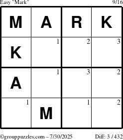 The grouppuzzles.com Easy Mark puzzle for Wednesday July 30, 2025 with the first 3 steps marked