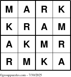 The grouppuzzles.com Answer grid for the Mark puzzle for Wednesday July 30, 2025
