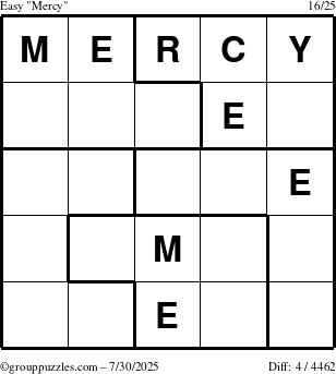 The grouppuzzles.com Easy Mercy puzzle for Wednesday July 30, 2025