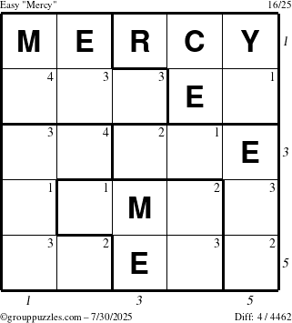 The grouppuzzles.com Easy Mercy puzzle for Wednesday July 30, 2025 with all 4 steps marked