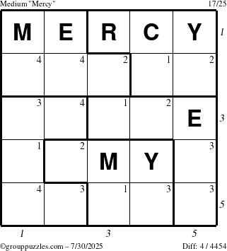 The grouppuzzles.com Medium Mercy puzzle for Wednesday July 30, 2025 with all 4 steps marked