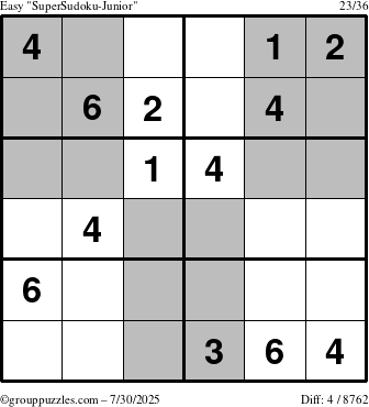 The grouppuzzles.com Easy SuperSudoku-Junior puzzle for Wednesday July 30, 2025