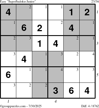 The grouppuzzles.com Easy SuperSudoku-Junior puzzle for Wednesday July 30, 2025 with all 4 steps marked
