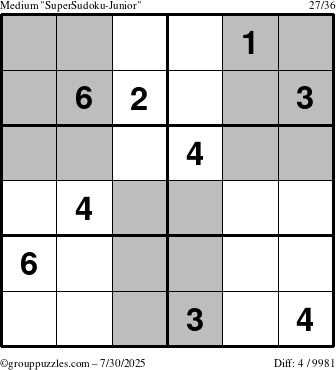 The grouppuzzles.com Medium SuperSudoku-Junior puzzle for Wednesday July 30, 2025
