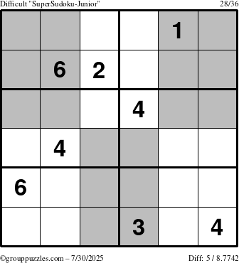 The grouppuzzles.com Difficult SuperSudoku-Junior puzzle for Wednesday July 30, 2025