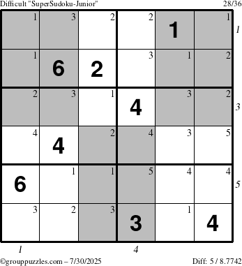 The grouppuzzles.com Difficult SuperSudoku-Junior puzzle for Wednesday July 30, 2025 with all 5 steps marked