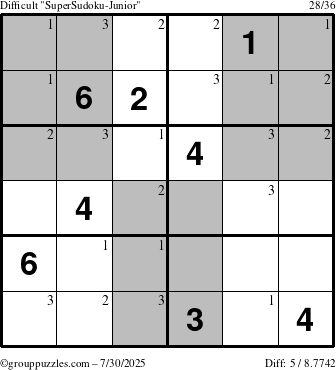The grouppuzzles.com Difficult SuperSudoku-Junior puzzle for Wednesday July 30, 2025 with the first 3 steps marked