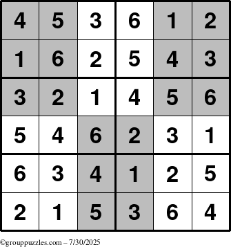 The grouppuzzles.com Answer grid for the SuperSudoku-Junior puzzle for Wednesday July 30, 2025