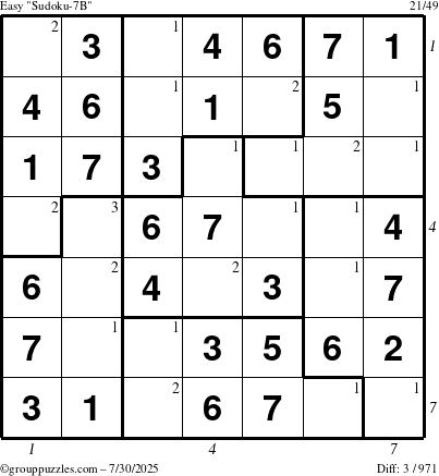 The grouppuzzles.com Easy Sudoku-7B puzzle for Wednesday July 30, 2025 with all 3 steps marked