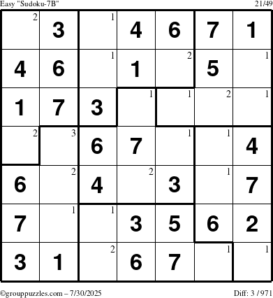 The grouppuzzles.com Easy Sudoku-7B puzzle for Wednesday July 30, 2025 with the first 3 steps marked