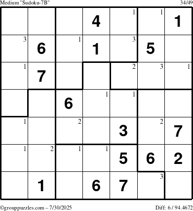 The grouppuzzles.com Medium Sudoku-7B puzzle for Wednesday July 30, 2025 with the first 3 steps marked