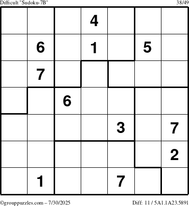 The grouppuzzles.com Difficult Sudoku-7B puzzle for Wednesday July 30, 2025