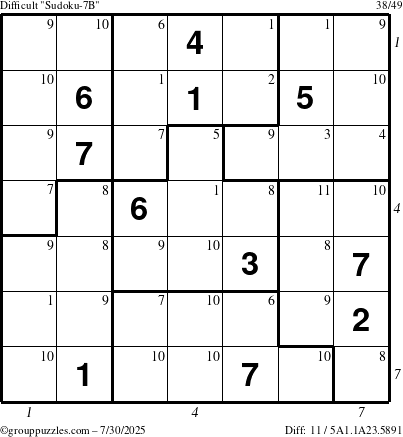 The grouppuzzles.com Difficult Sudoku-7B puzzle for Wednesday July 30, 2025 with all 11 steps marked