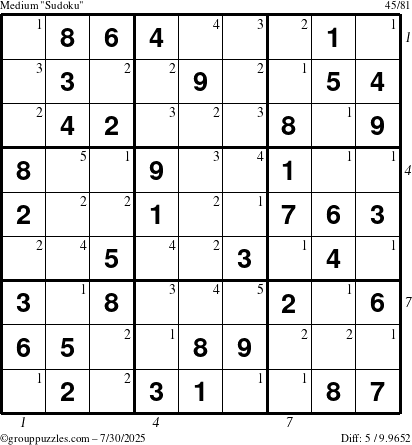 The grouppuzzles.com Medium Sudoku puzzle for Wednesday July 30, 2025 with all 5 steps marked