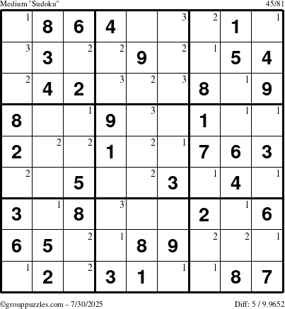 The grouppuzzles.com Medium Sudoku puzzle for Wednesday July 30, 2025 with the first 3 steps marked